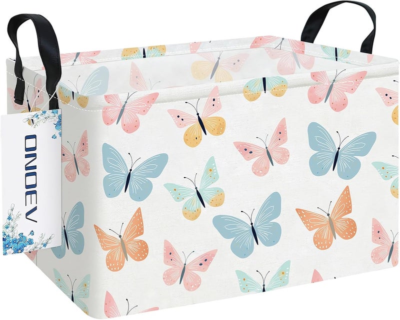 ONOEV Rectangular Folding Laundry Basket,waterproof Canvas Basket,gift basket,Suitable for children's room,Office,Clothes,Toys Storage(Colorful butterfly) - Image 1